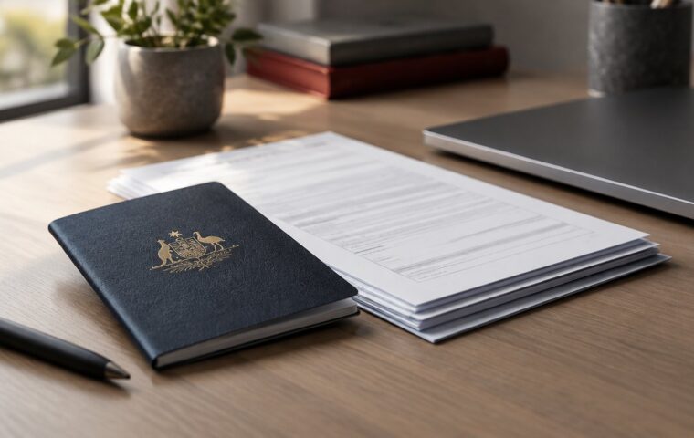 Australian passport and visa application papers on a desk
